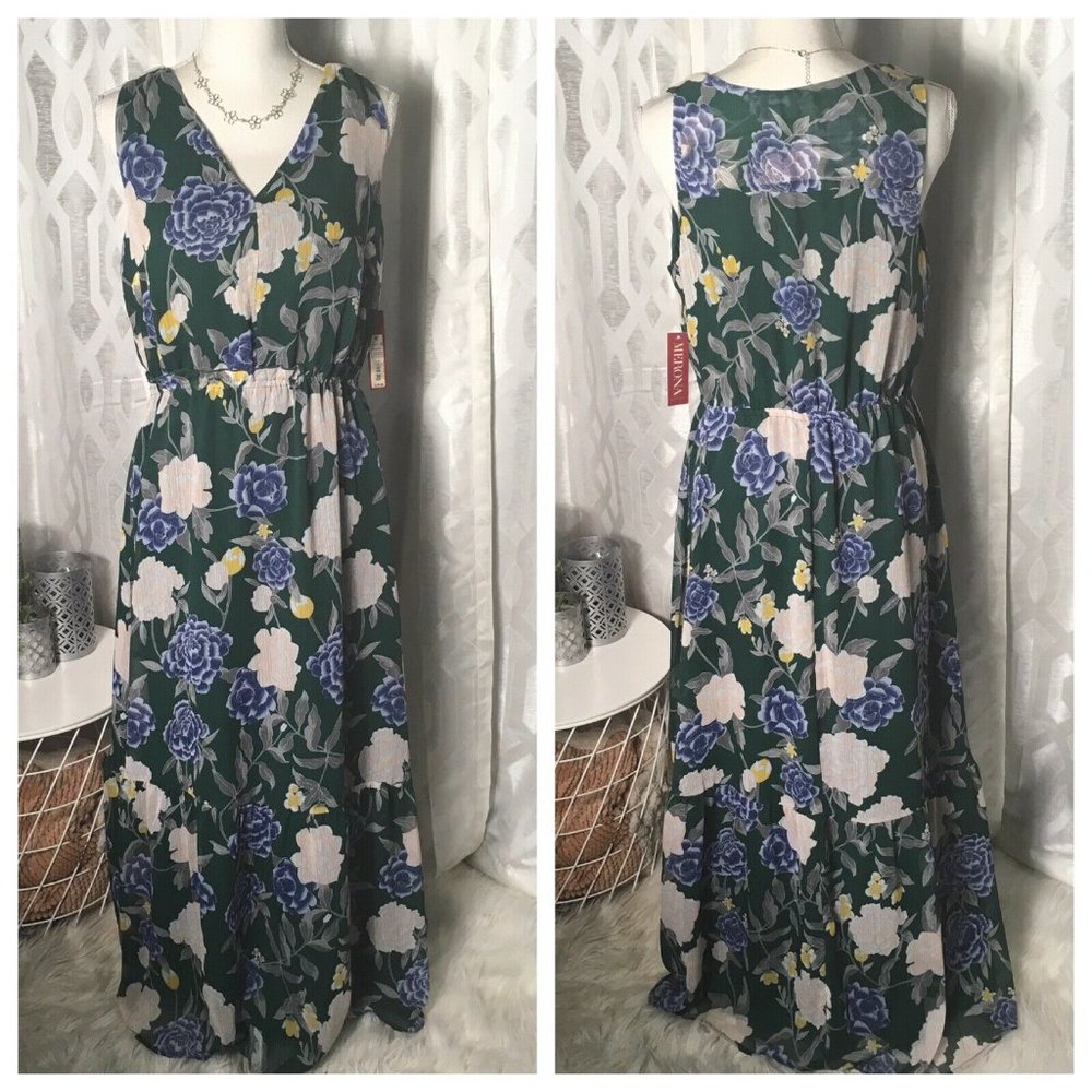 Merona Women Green Floral Sleeveless ruffle Hem Ma - Picture 1 of 8